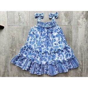 Jona Michelle Girl Blue Chiffon Flower Tiered Sleeveless Boho Sundress Summer 4T